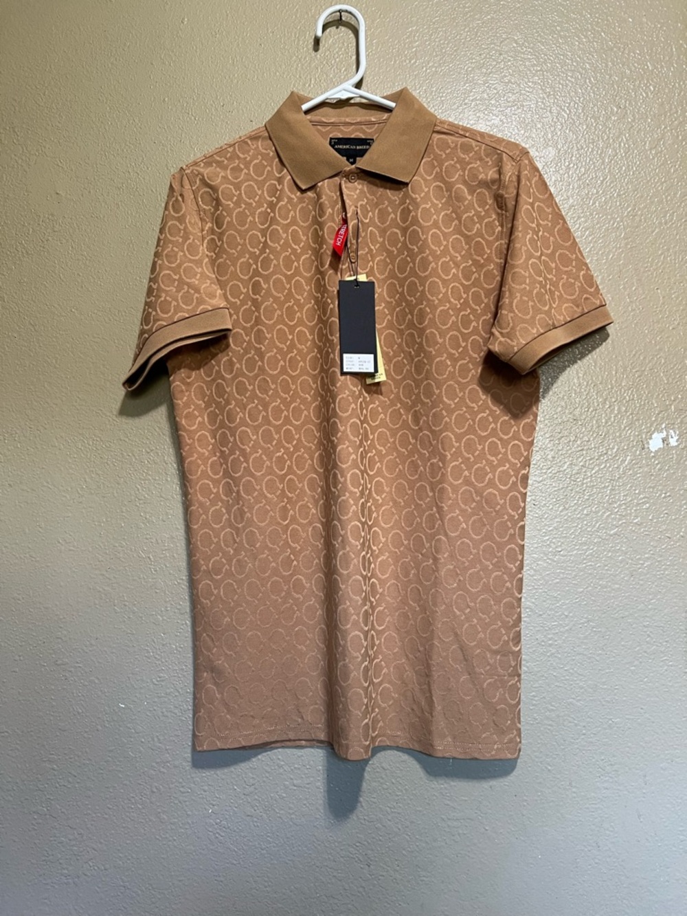 Men's Polo Shirt in Brown with Tonal Pattern - Designer Brand New